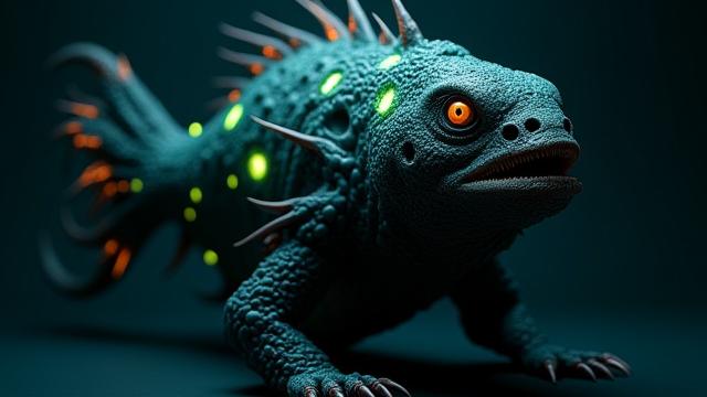 3D-gerendertes Bild eines stilisierten, biolumineszenten Tiefsee-Fisches